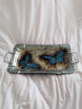 Art Glass Italian Design Silver Blue Butterfly Metal Serving Tray
